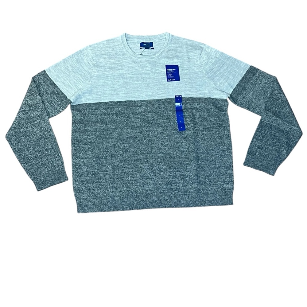 APT 9 Merino Wool Blend Heather Gray Mens Colorblock Crewneck Sweater L